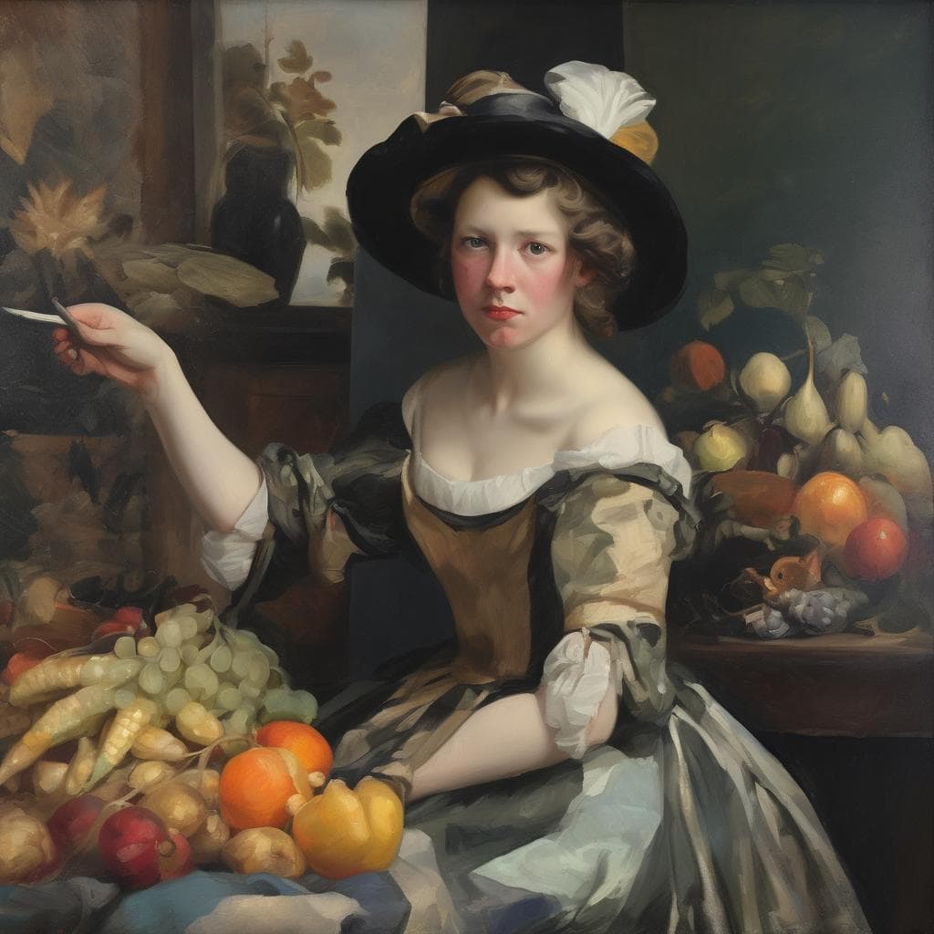 λάδι πίνακας, καλλιτέχνες και καινοτομία στη σύγχρονη τέχνη, πορτρέτο γυναίκας με φανταχτερά φρούτα σε still life, 17ος αιώνας.